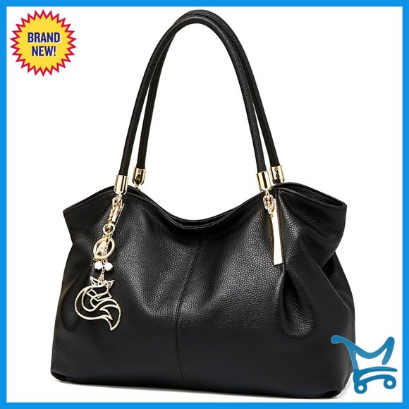 Large Genuine Leather Tote Bag with Zippered Compartments Shoulder Purse